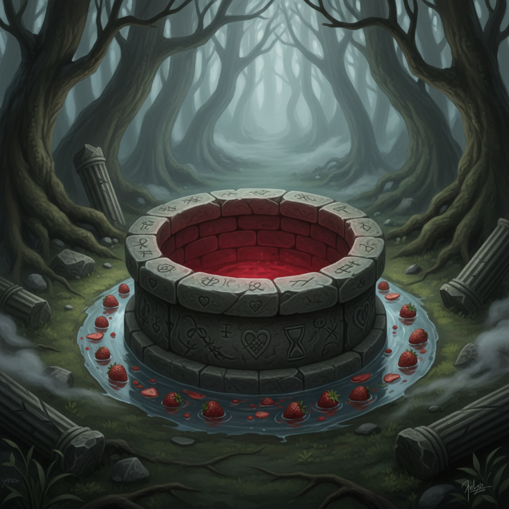 A medieval stone well stands at the heart of a moss-covered forest clearing, its circular rim carved with faint, eroded symbols of hearts, thorns, and hourglasses. From its depths rises a soft crimson glow that reflects on the slick interior stones, suggesting poems whispered by the dark. Fallen, half-rotten strawberries float in a thin ring of water at the edge, their forms dissolving into the red light. Twisted trees lean inward like silent witnesses, their roots gripping fragments of broken gothic columns. A low mist swirls at ground level, catching stray shafts of moonlight that filter through the canopy. The scene is rendered in detailed fantasy-art, with a centered, eye-level composition and a somber, romantic atmosphere evoking secret, melancholic verses.